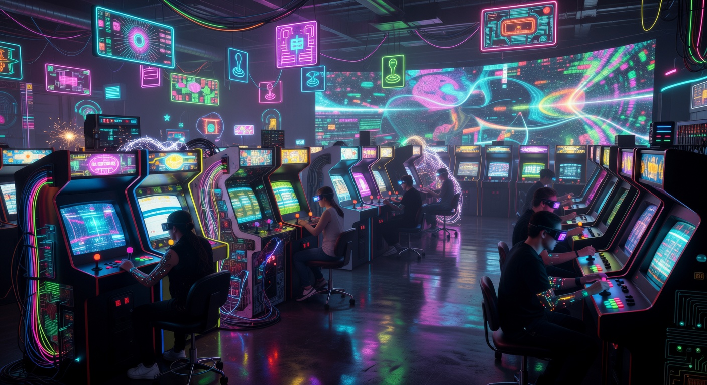 Glowing neon cyber city arcade view