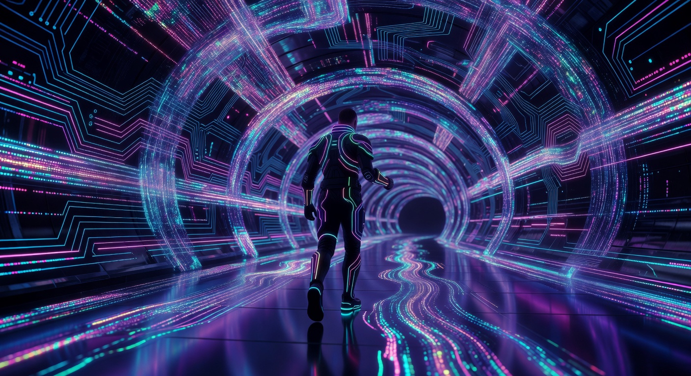 Neon futuristic cyber tunnel background